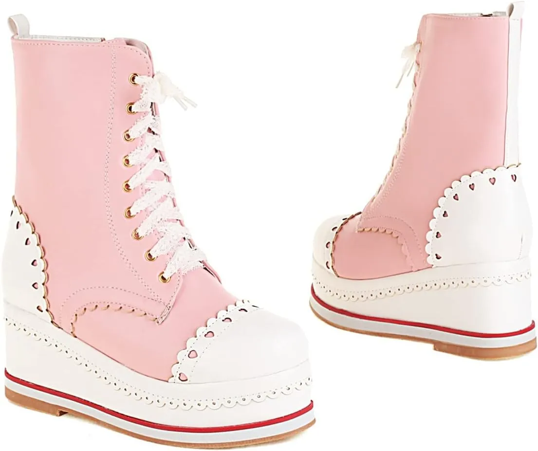 SHEMEE Women's Sweet Cute Platform Hidden Wedge Ankle Boots Lace Up High Heels Round Toe Booties Side Zip Kawaii Shoes