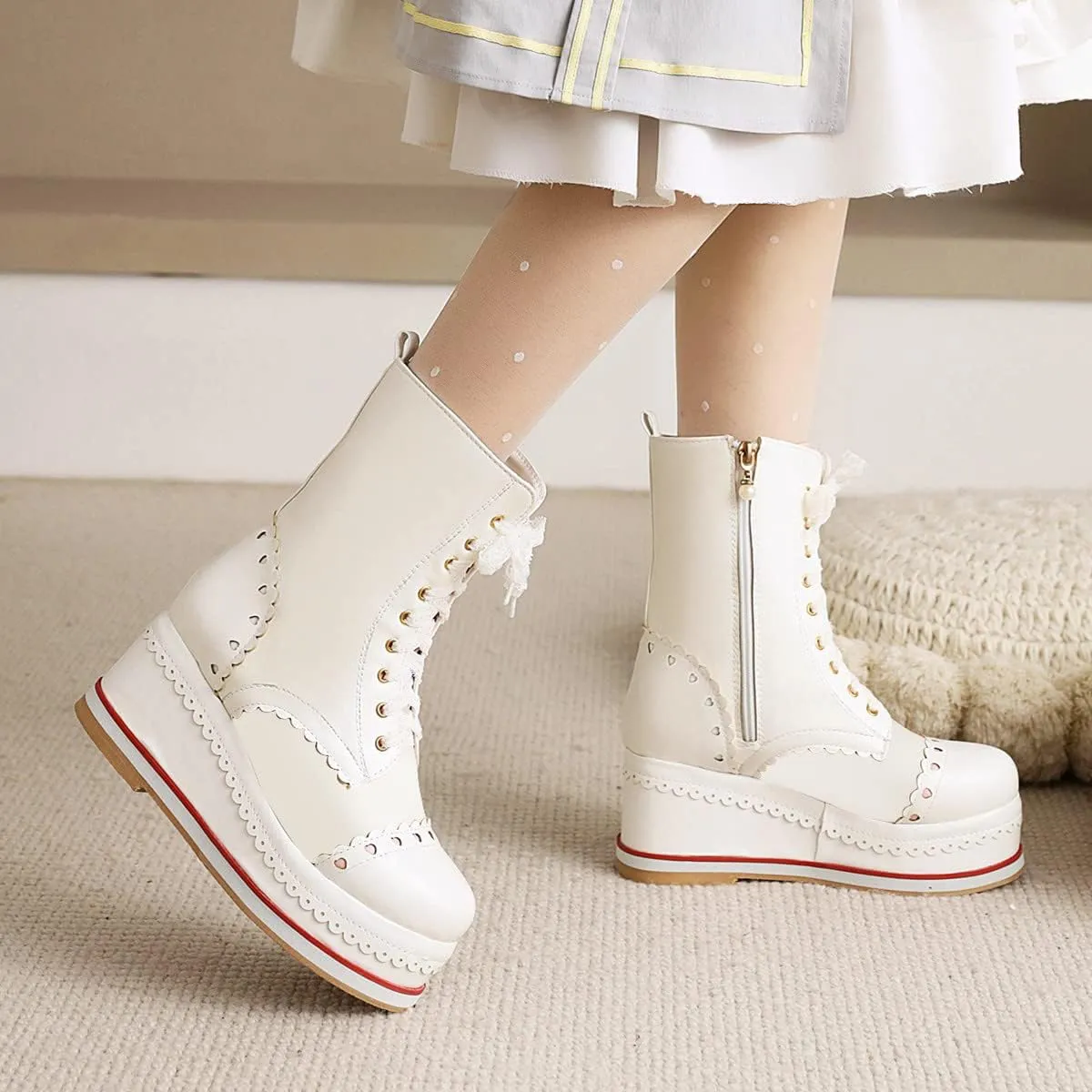 SHEMEE Women's Sweet Cute Platform Hidden Wedge Ankle Boots Lace Up High Heels Round Toe Booties Side Zip Kawaii Shoes
