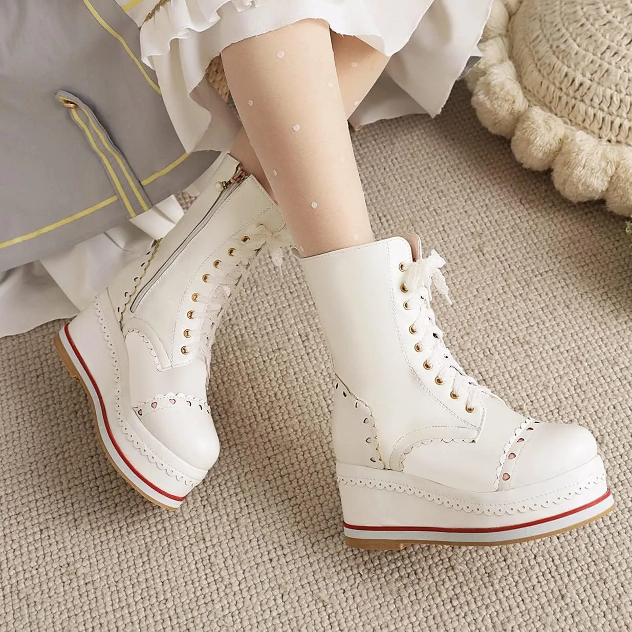 SHEMEE Women's Sweet Cute Platform Hidden Wedge Ankle Boots Lace Up High Heels Round Toe Booties Side Zip Kawaii Shoes