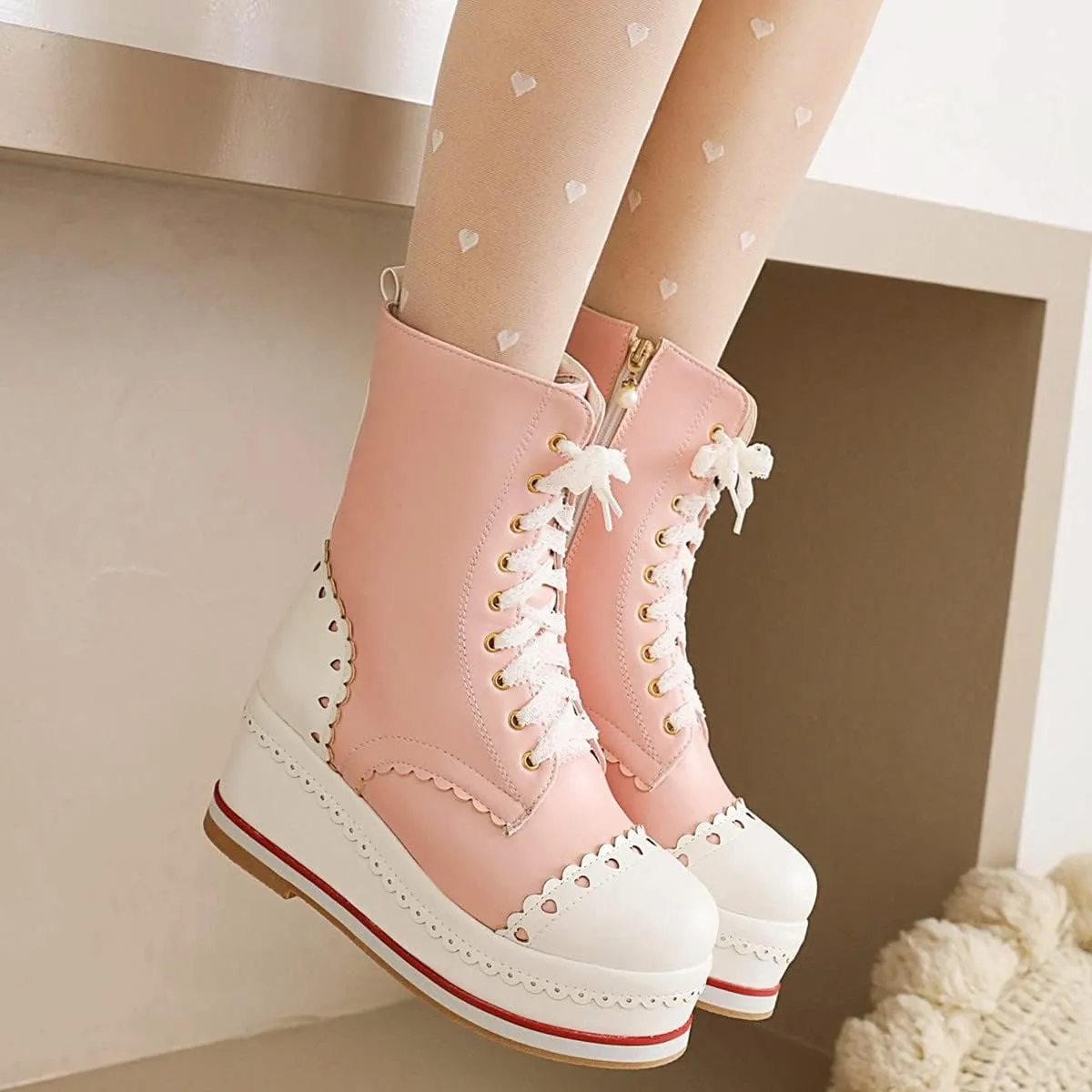 SHEMEE Women's Sweet Cute Platform Hidden Wedge Ankle Boots Lace Up High Heels Round Toe Booties Side Zip Kawaii Shoes