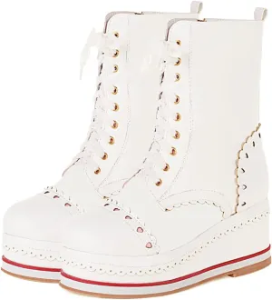 SHEMEE Women's Sweet Cute Platform Hidden Wedge Ankle Boots Lace Up High Heels Round Toe Booties Side Zip Kawaii Shoes