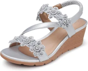 SHIBEVER Wedge Sandals for Women Dressy: Summer Open Toe Low Platform Wedges Sandals Elastic Ankle Strap Flower Comfortable Casual Shoes