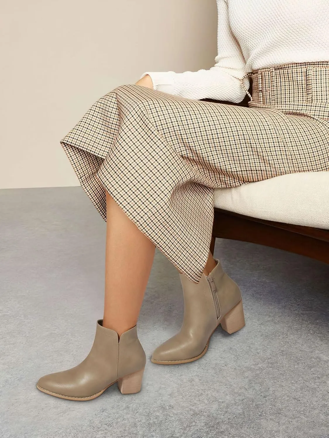 SHIBEVER Women's Ankle Boots Heel: Chunky Low Heeled Almond Toe Short Booties with Zipper Faux Suede Dress Western Fall 2025 Shoes