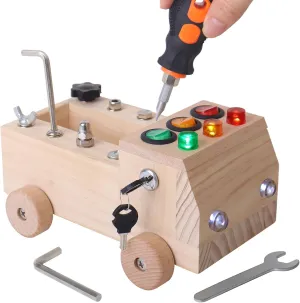 SHIERDU LED Lights Busy Screw car, Wooden Montessori Screwdriver Board for Children, fine Motor Skills Toys for Toddlers, Light Switch Autistic Sensory Toys, Gifts for Boys and Girls Over 3 Years Old