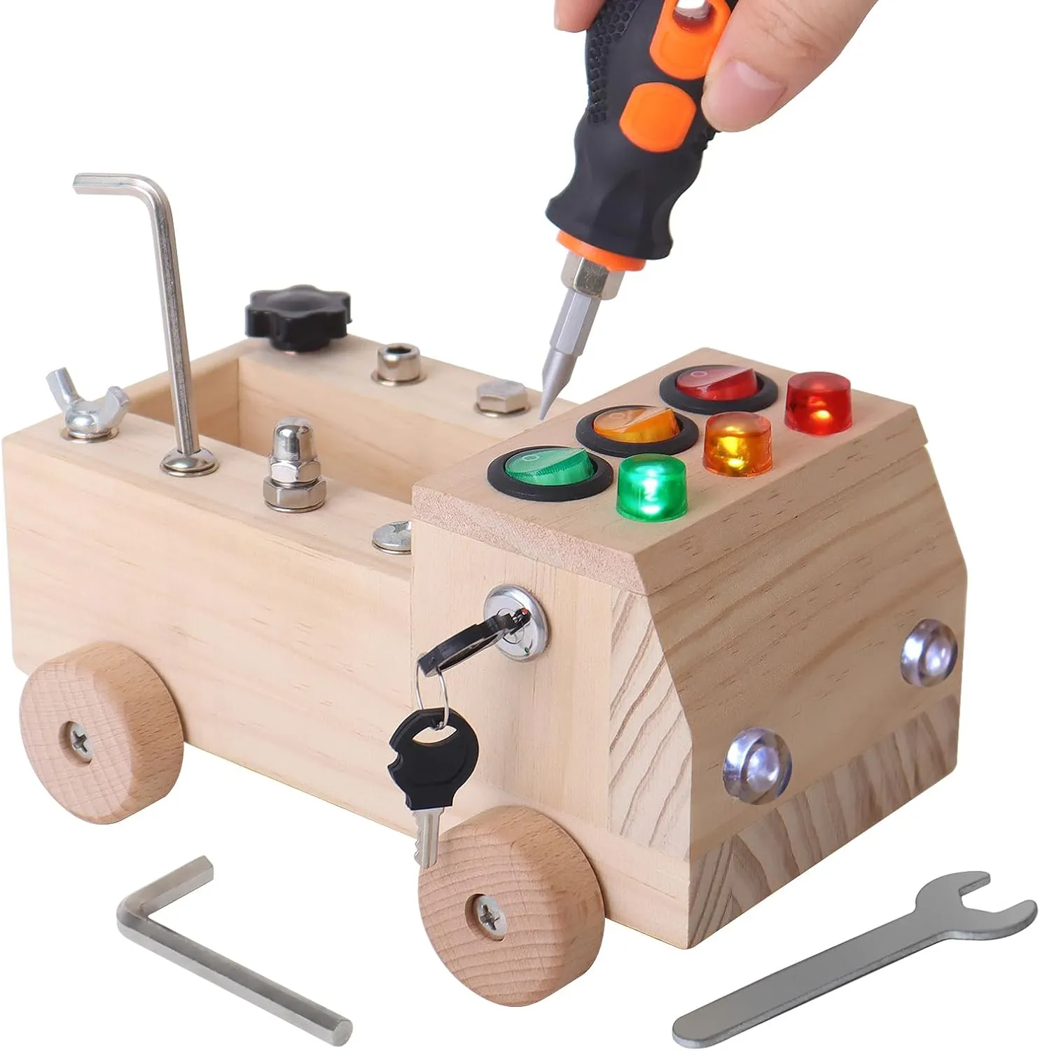 SHIERDU LED Lights Busy Screw car, Wooden Montessori Screwdriver Board for Children, fine Motor Skills Toys for Toddlers, Light Switch Autistic Sensory Toys, Gifts for Boys and Girls Over 3 Years Old
