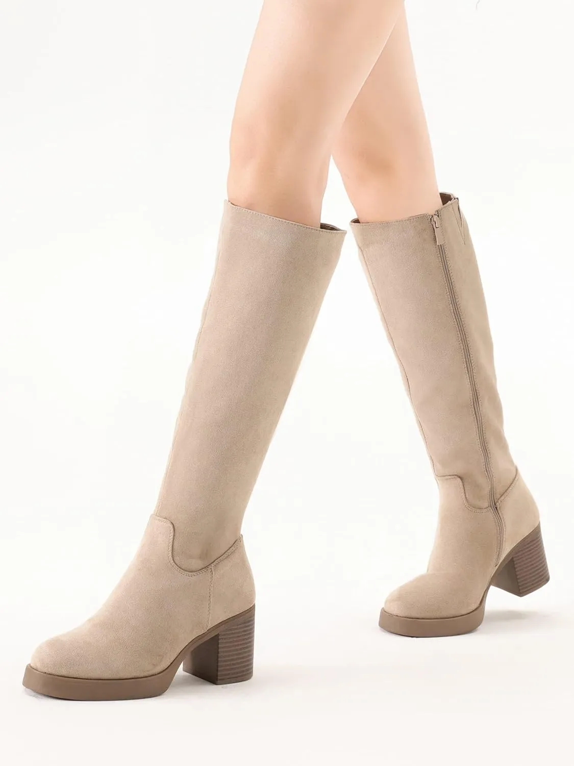 Shoe'N Tale Platform Knee High Boots for Women Block Chunky Heel Round Toe Side Zipper Tall Boots