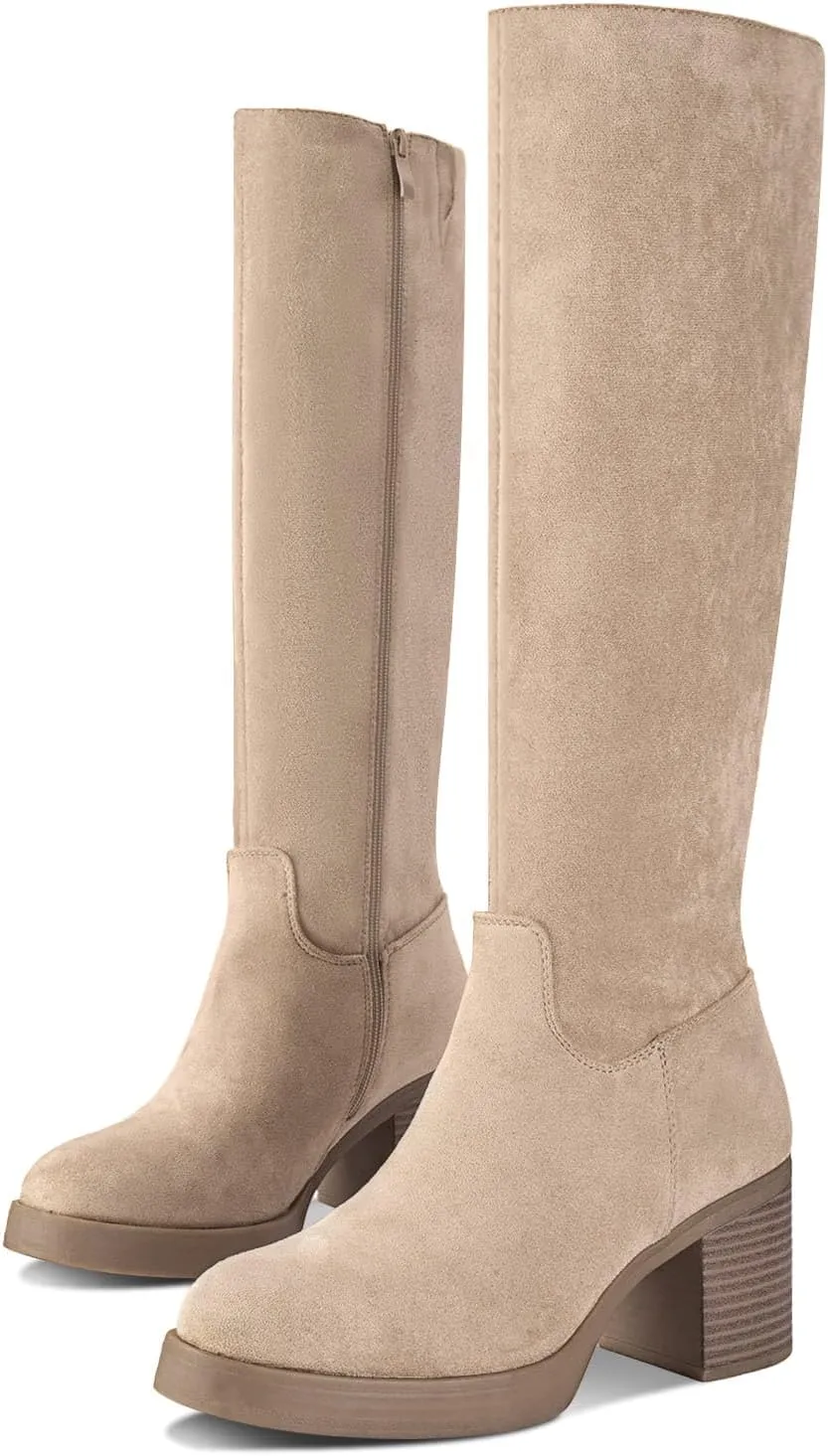 Shoe'N Tale Platform Knee High Boots for Women Block Chunky Heel Round Toe Side Zipper Tall Boots