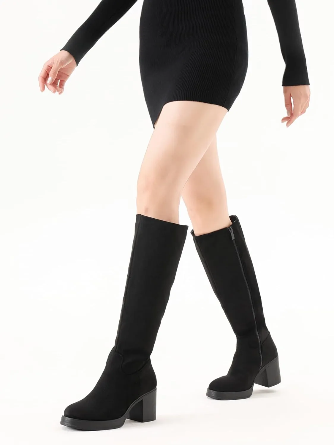 Shoe'N Tale Platform Knee High Boots for Women Block Chunky Heel Round Toe Side Zipper Tall Boots