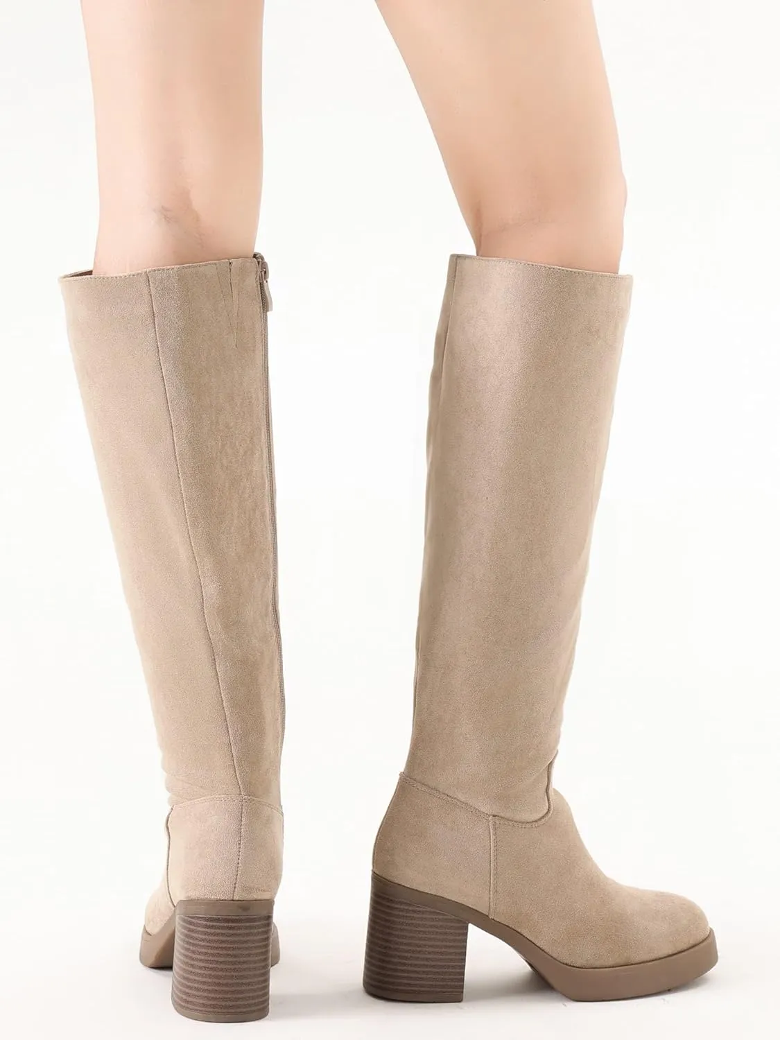 Shoe'N Tale Platform Knee High Boots for Women Block Chunky Heel Round Toe Side Zipper Tall Boots