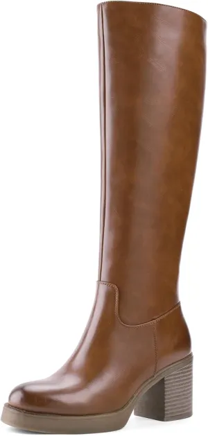 Shoe'N Tale Platform Knee High Boots for Women Block Chunky Heel Round Toe Side Zipper Tall Boots