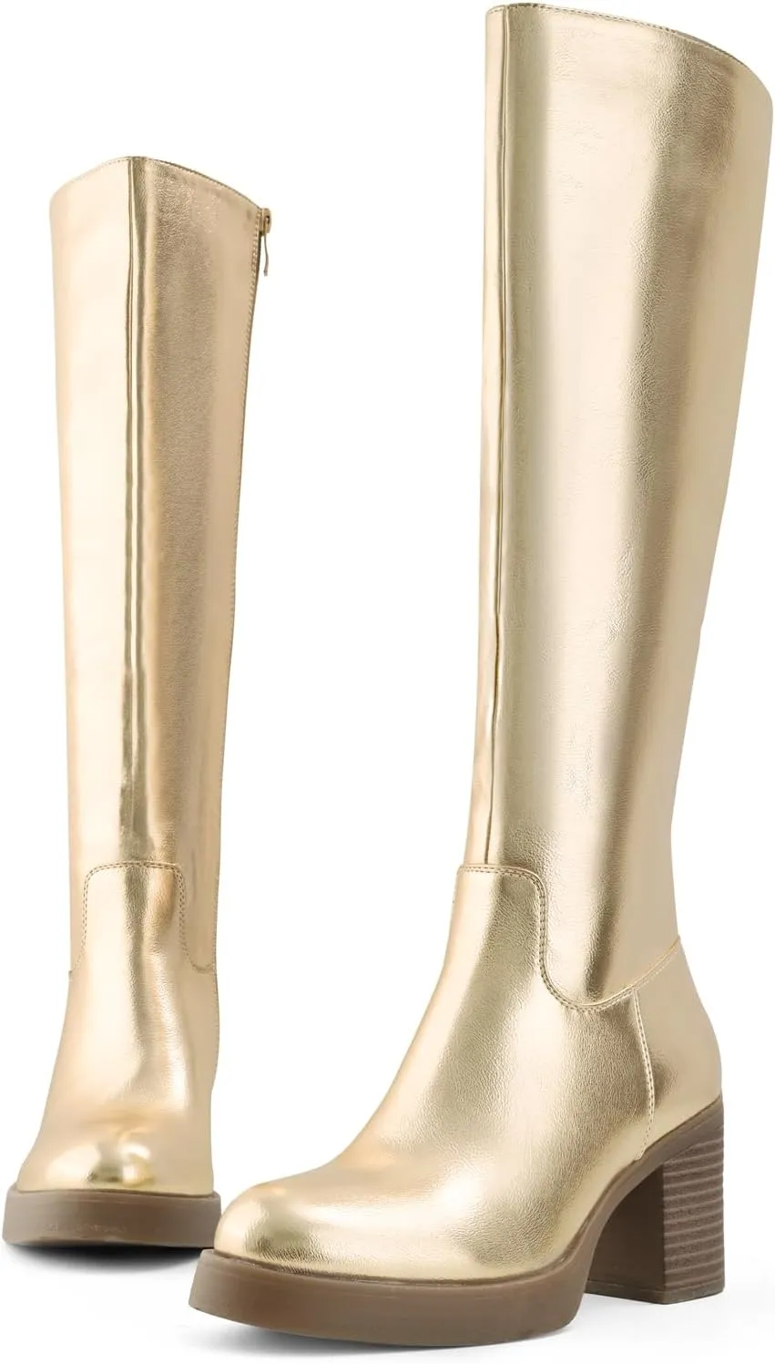 Shoe'N Tale Platform Knee High Boots for Women Block Chunky Heel Round Toe Side Zipper Tall Boots
