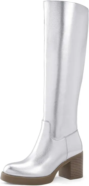 Shoe'N Tale Platform Knee High Boots for Women Block Chunky Heel Round Toe Side Zipper Tall Boots