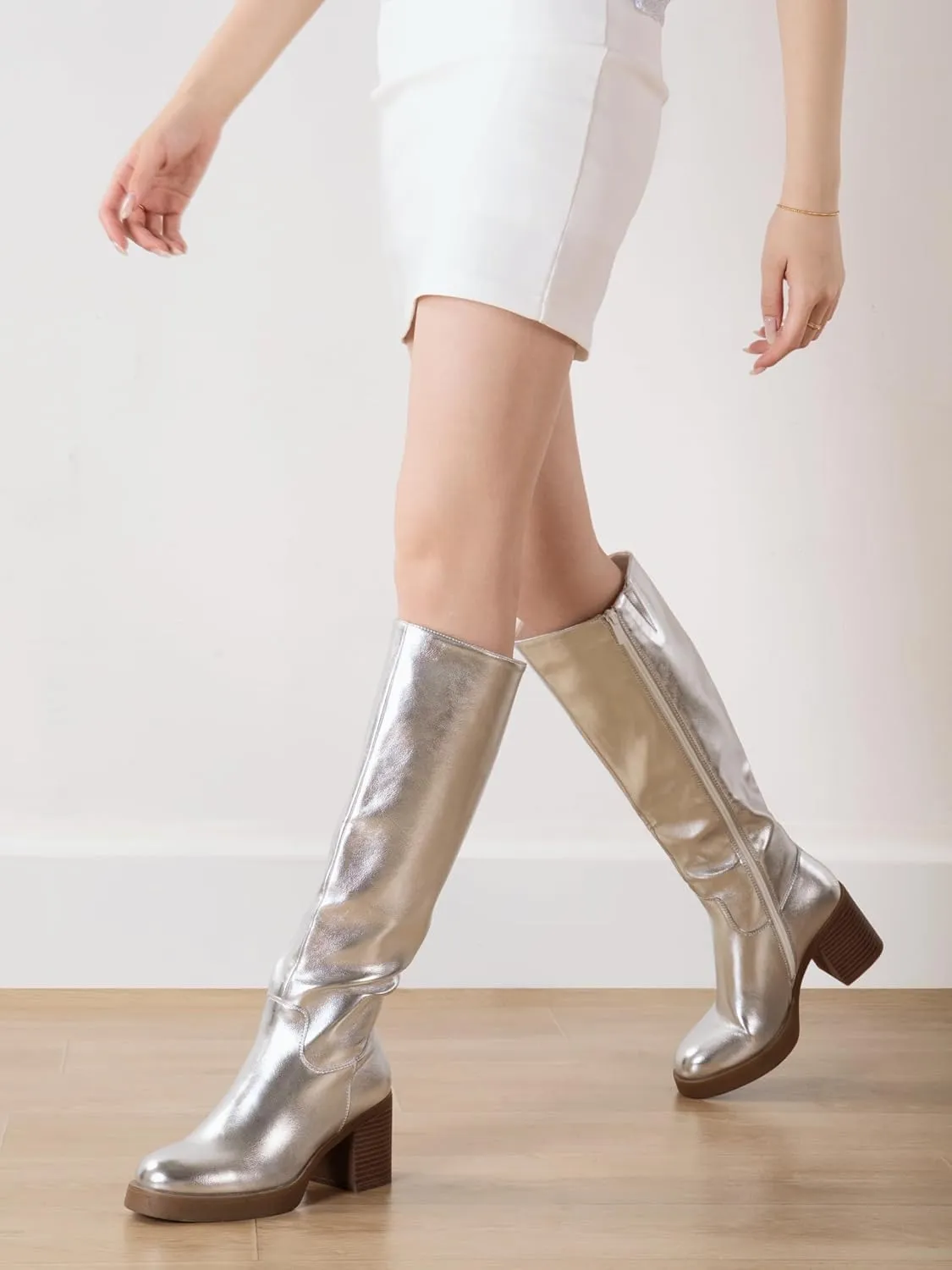 Shoe'N Tale Platform Knee High Boots for Women Block Chunky Heel Round Toe Side Zipper Tall Boots