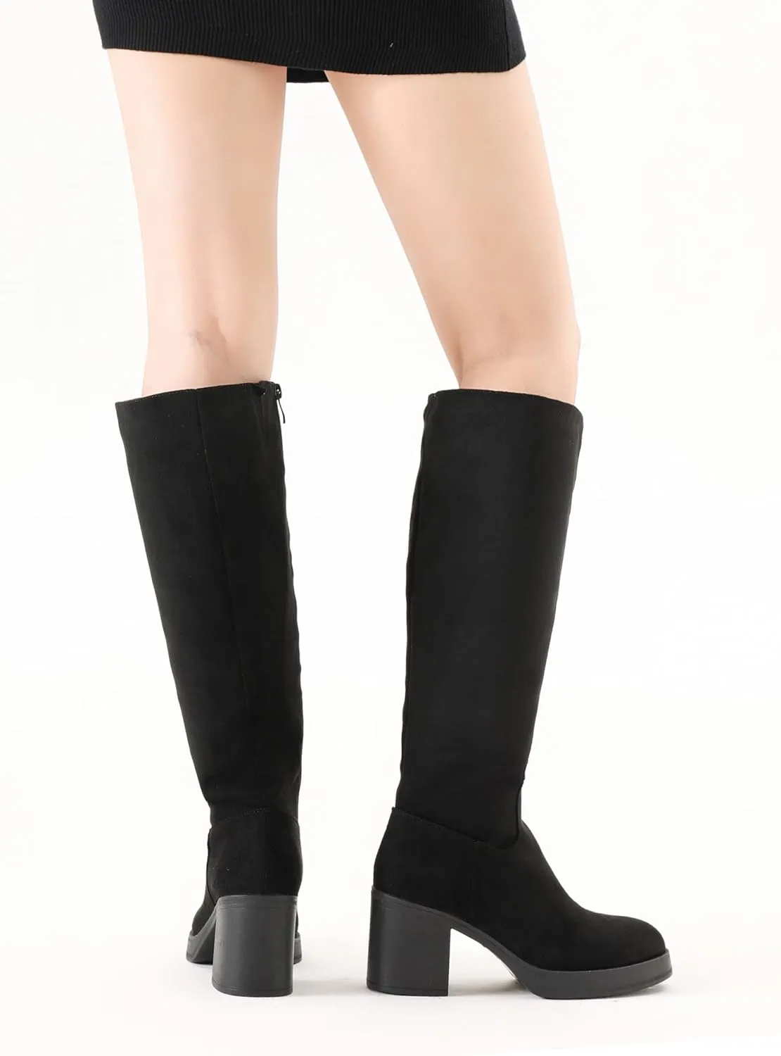 Shoe'N Tale Platform Knee High Boots for Women Block Chunky Heel Round Toe Side Zipper Tall Boots