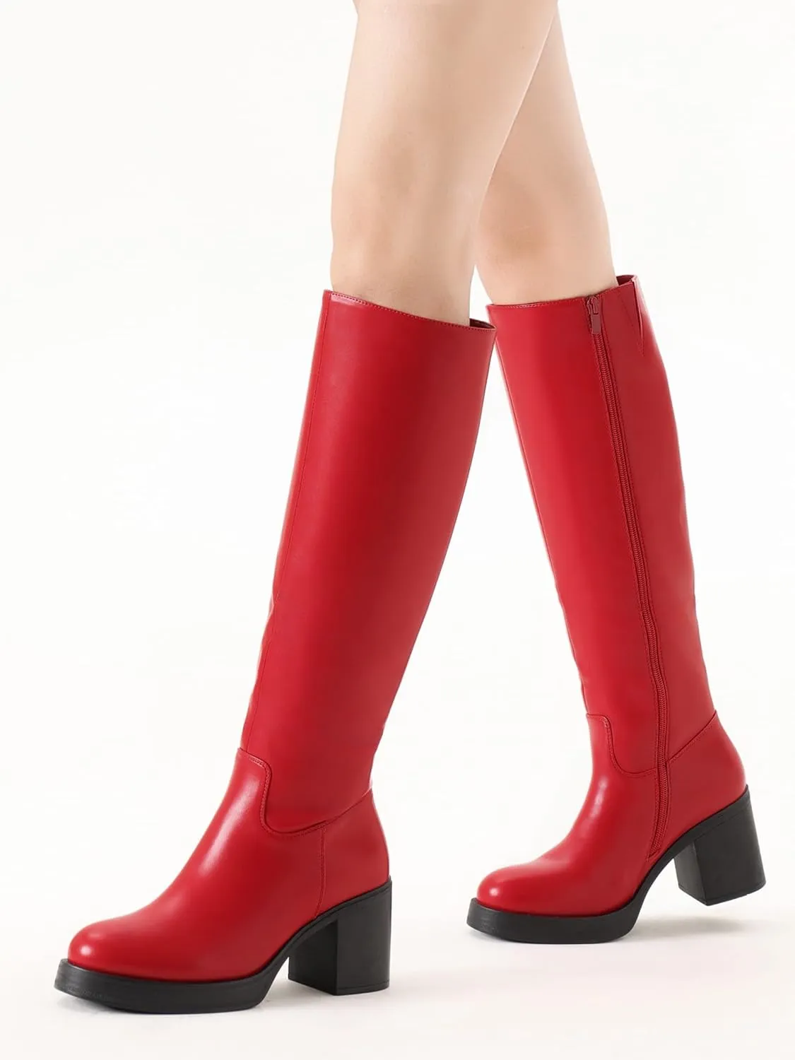 Shoe'N Tale Platform Knee High Boots for Women Block Chunky Heel Round Toe Side Zipper Tall Boots