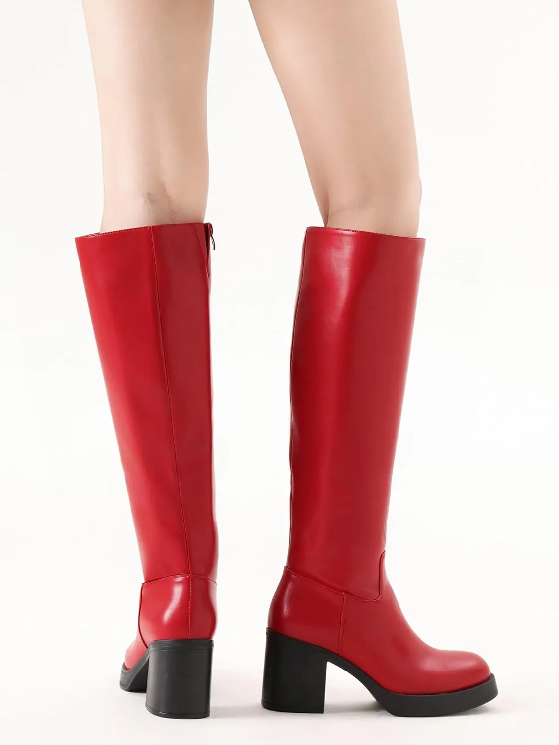 Shoe'N Tale Platform Knee High Boots for Women Block Chunky Heel Round Toe Side Zipper Tall Boots