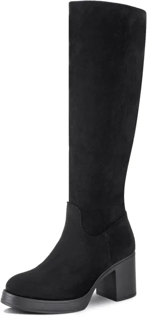 Shoe'N Tale Platform Knee High Boots for Women Block Chunky Heel Round Toe Side Zipper Tall Boots