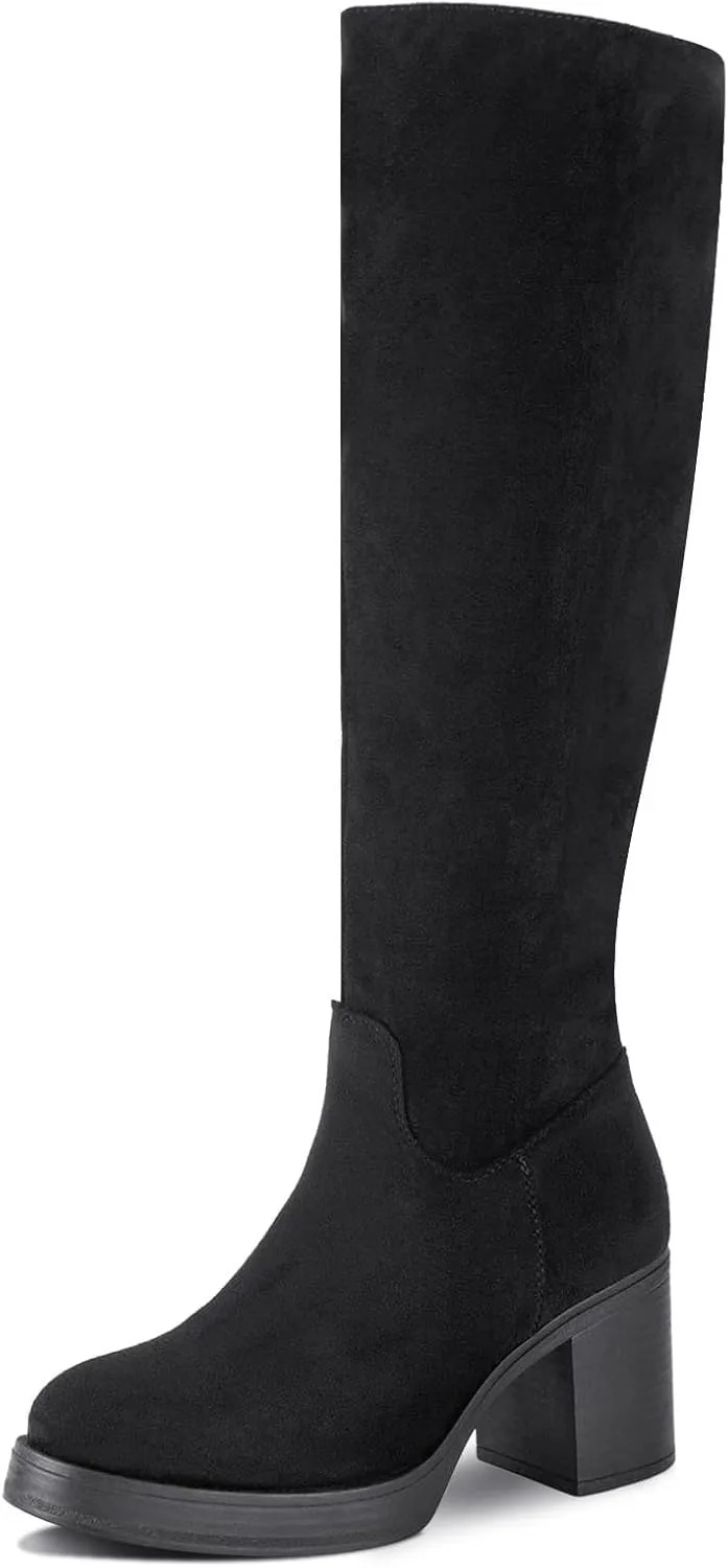 Shoe'N Tale Platform Knee High Boots for Women Block Chunky Heel Round Toe Side Zipper Tall Boots