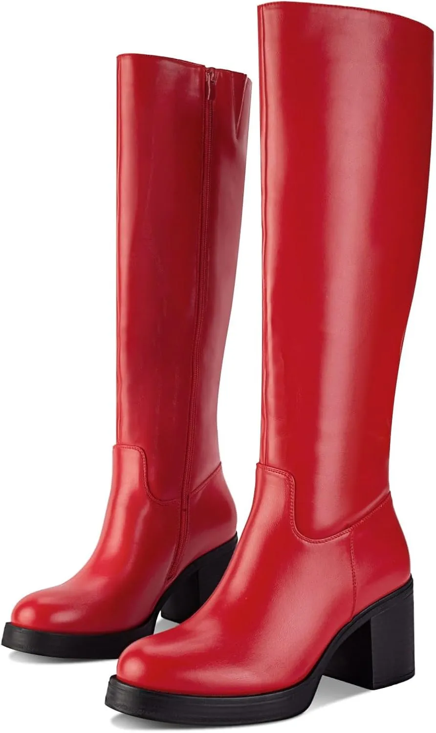 Shoe'N Tale Platform Knee High Boots for Women Block Chunky Heel Round Toe Side Zipper Tall Boots