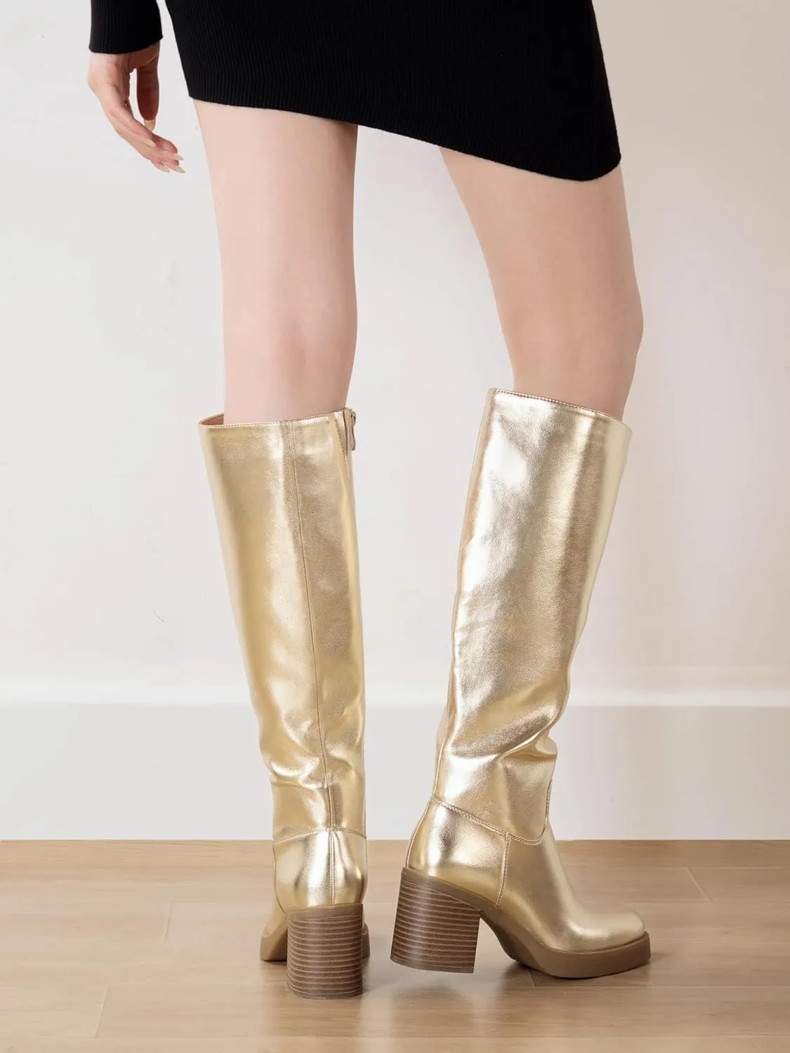 Shoe'N Tale Platform Knee High Boots for Women Block Chunky Heel Round Toe Side Zipper Tall Boots