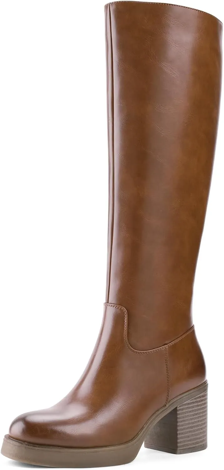 Shoe'N Tale Platform Knee High Boots for Women Block Chunky Heel Round Toe Side Zipper Tall Boots