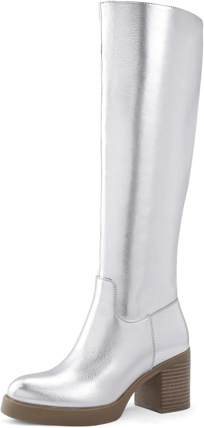 Shoe'N Tale Platform Knee High Boots for Women Block Chunky Heel Round Toe Side Zipper Tall Boots