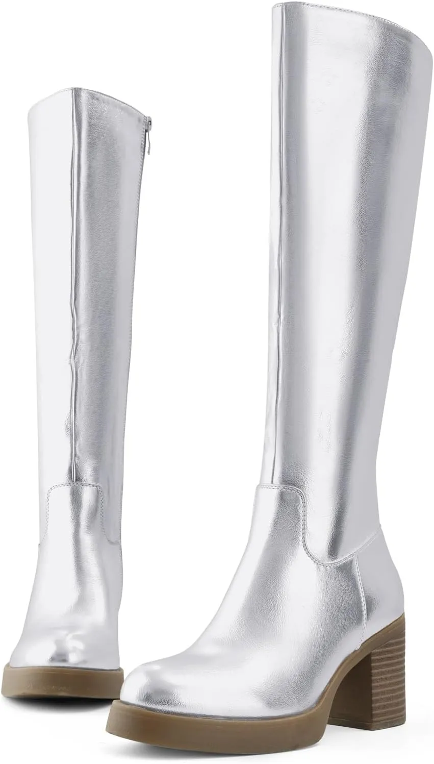 Shoe'N Tale Platform Knee High Boots for Women Block Chunky Heel Round Toe Side Zipper Tall Boots