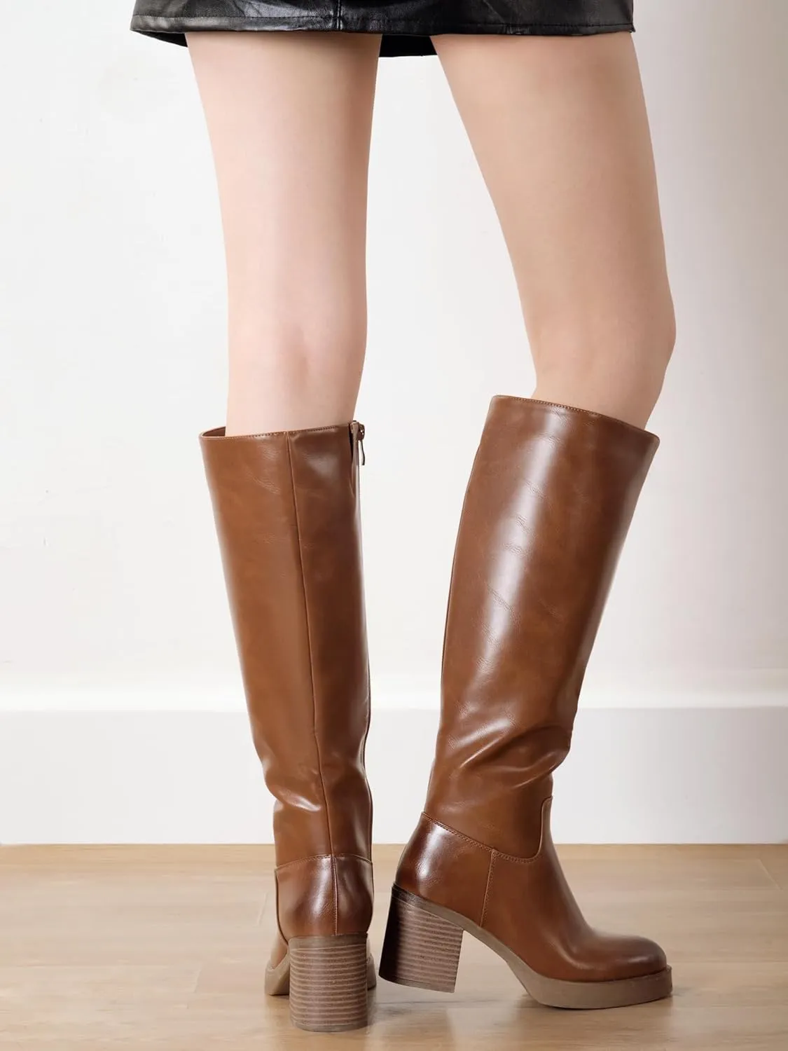 Shoe'N Tale Platform Knee High Boots for Women Block Chunky Heel Round Toe Side Zipper Tall Boots