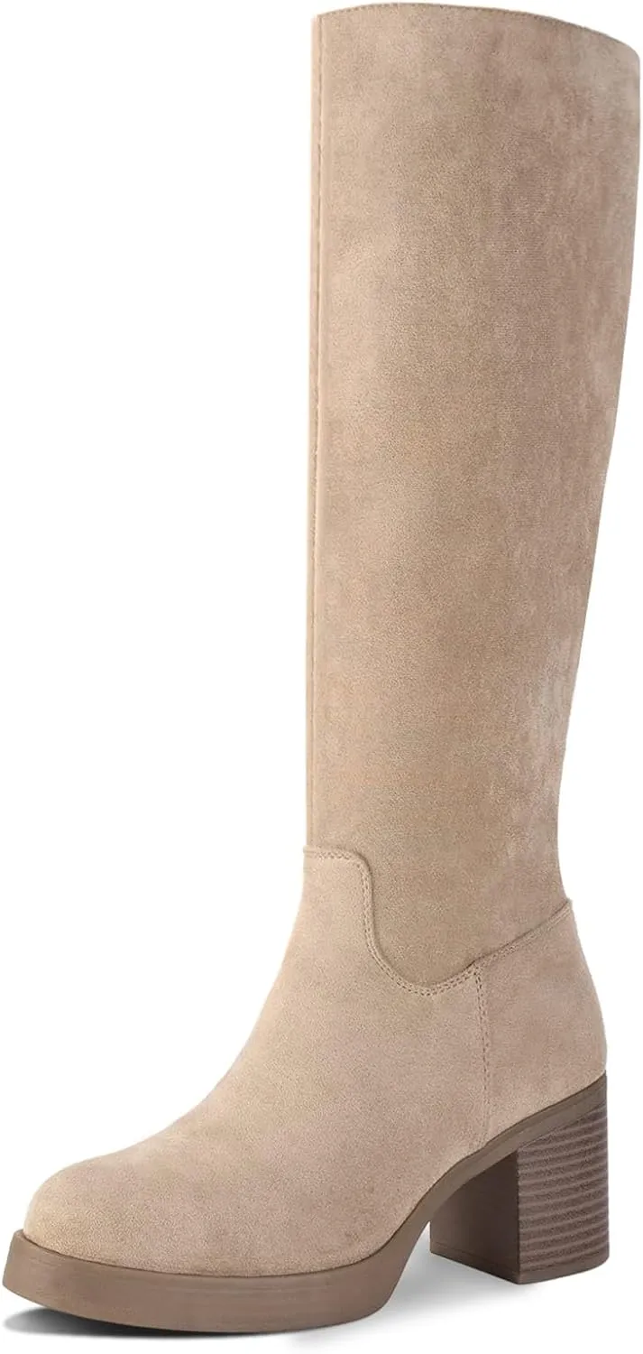 Shoe'N Tale Platform Knee High Boots for Women Block Chunky Heel Round Toe Side Zipper Tall Boots