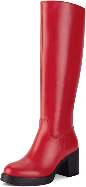 Shoe'N Tale Platform Knee High Boots for Women Block Chunky Heel Round Toe Side Zipper Tall Boots