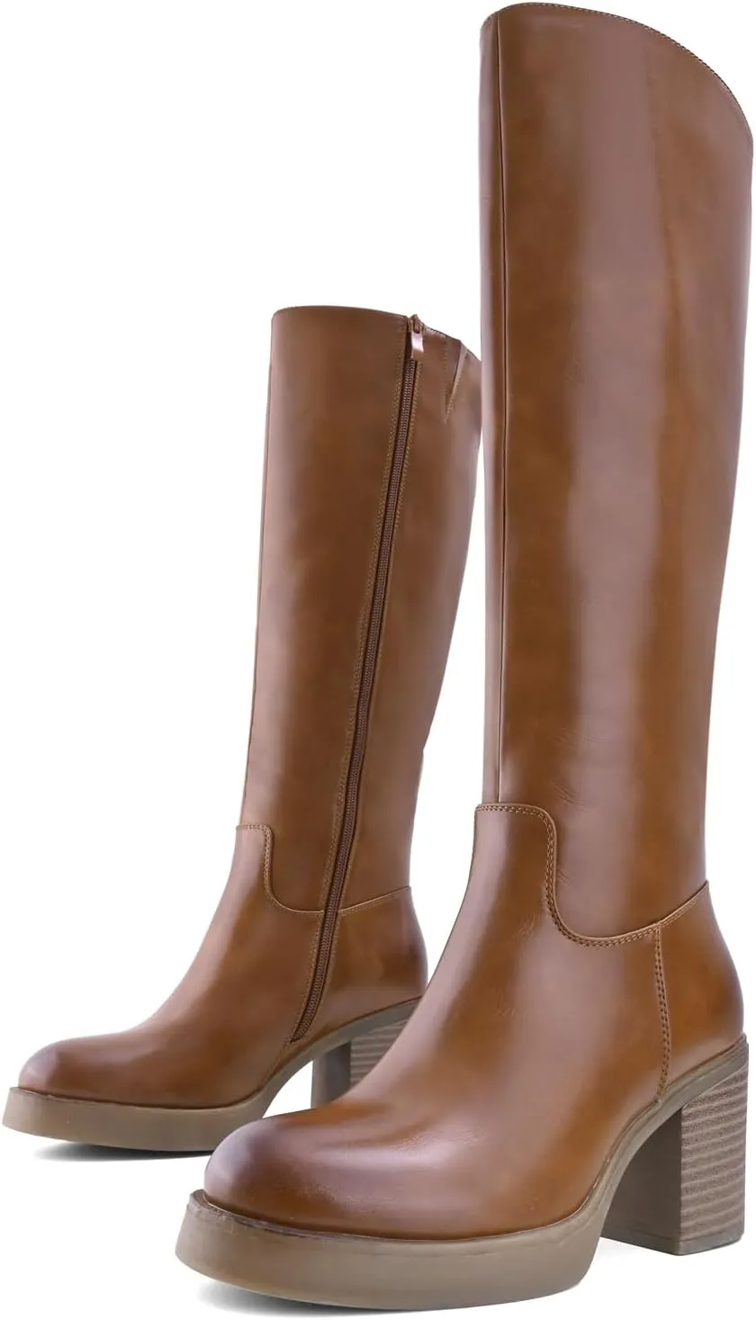 Shoe'N Tale Platform Knee High Boots for Women Block Chunky Heel Round Toe Side Zipper Tall Boots