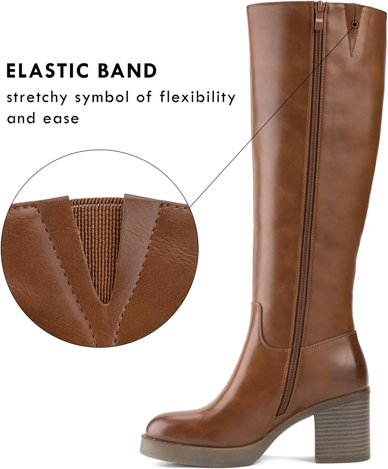 Shoe'N Tale Platform Knee High Boots for Women Block Chunky Heel Round Toe Side Zipper Tall Boots