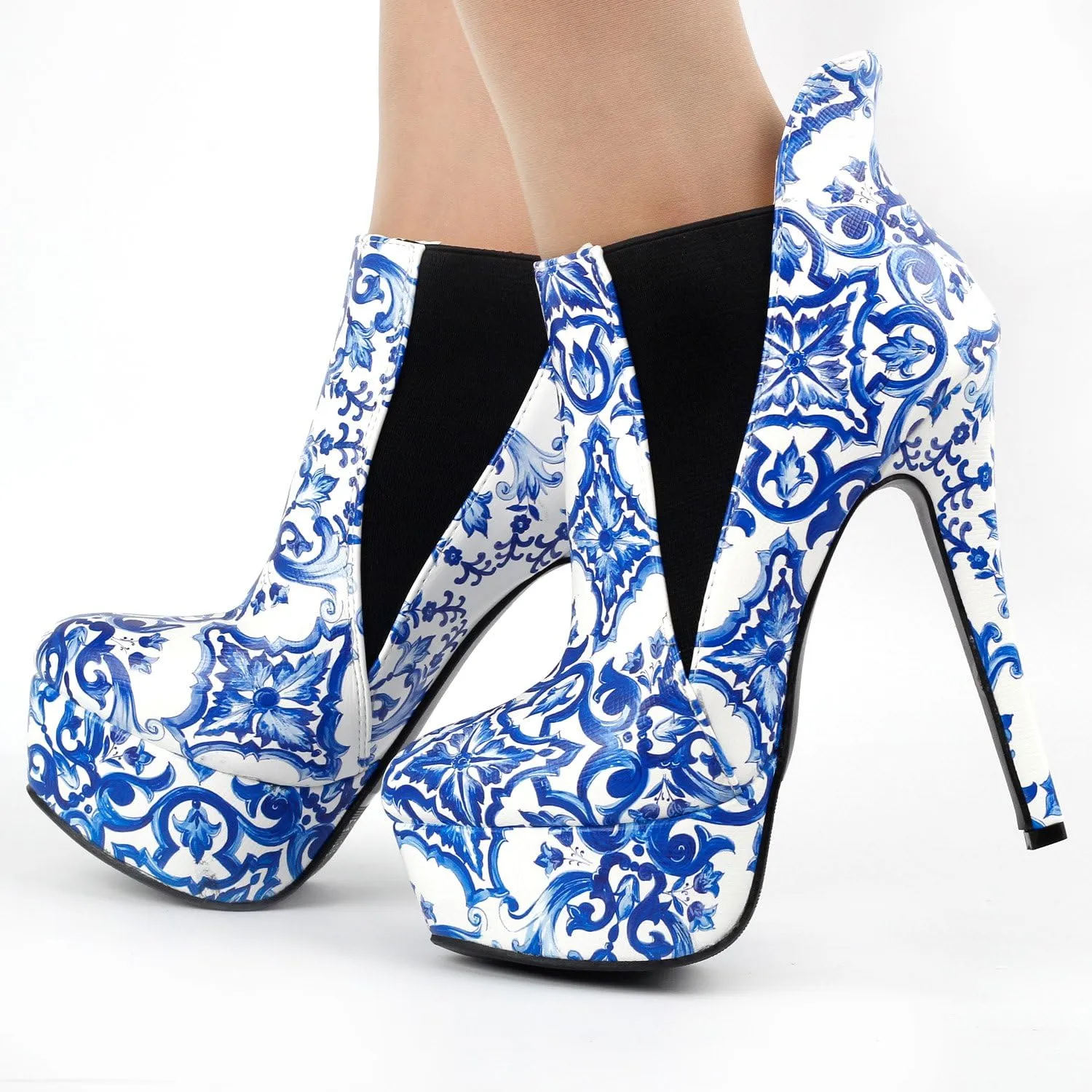 SHOW STORY Blue And White Porcelain Platform Stiletto Ankle Boot Bootie,LF80843