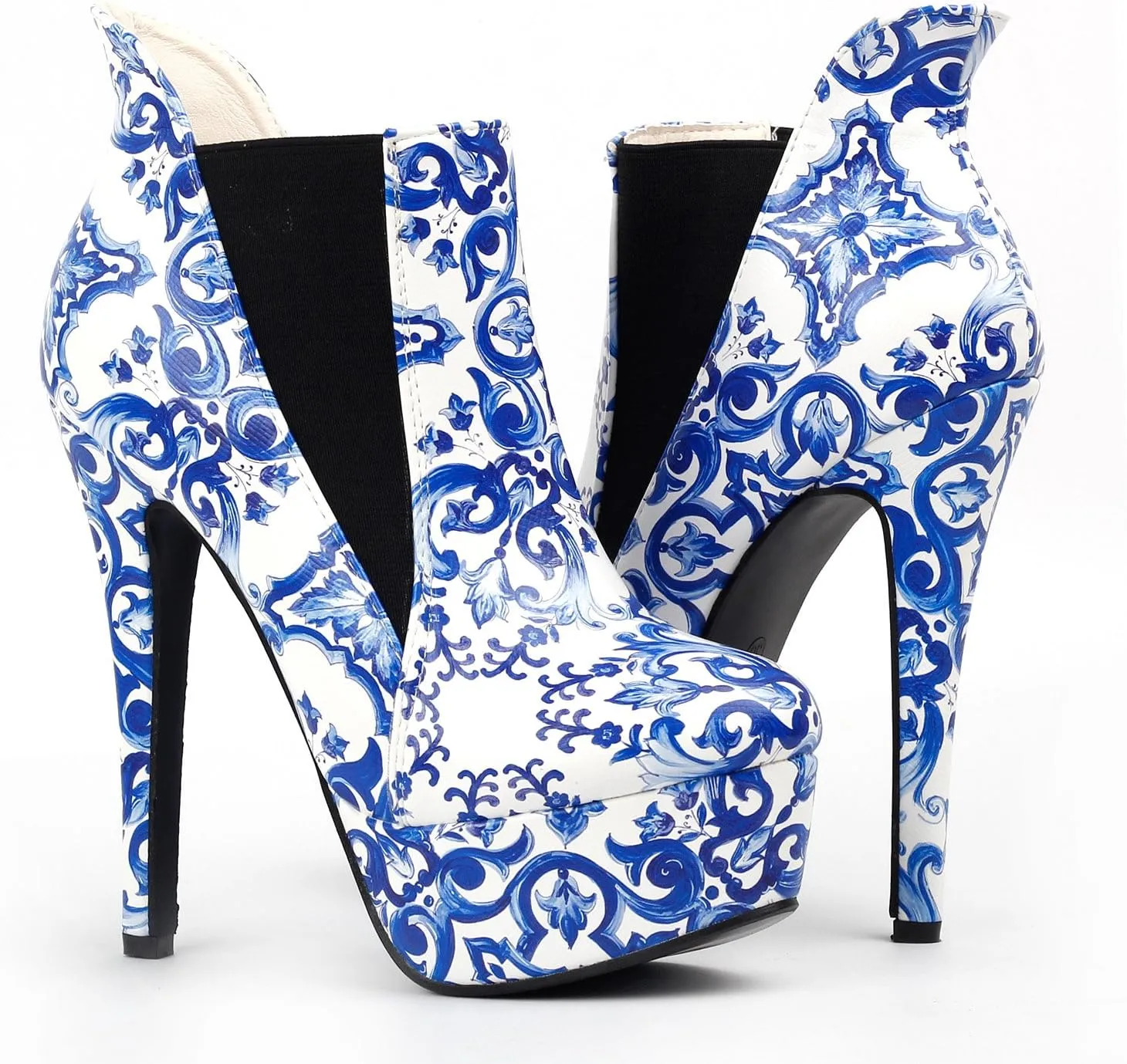 SHOW STORY Blue And White Porcelain Platform Stiletto Ankle Boot Bootie,LF80843
