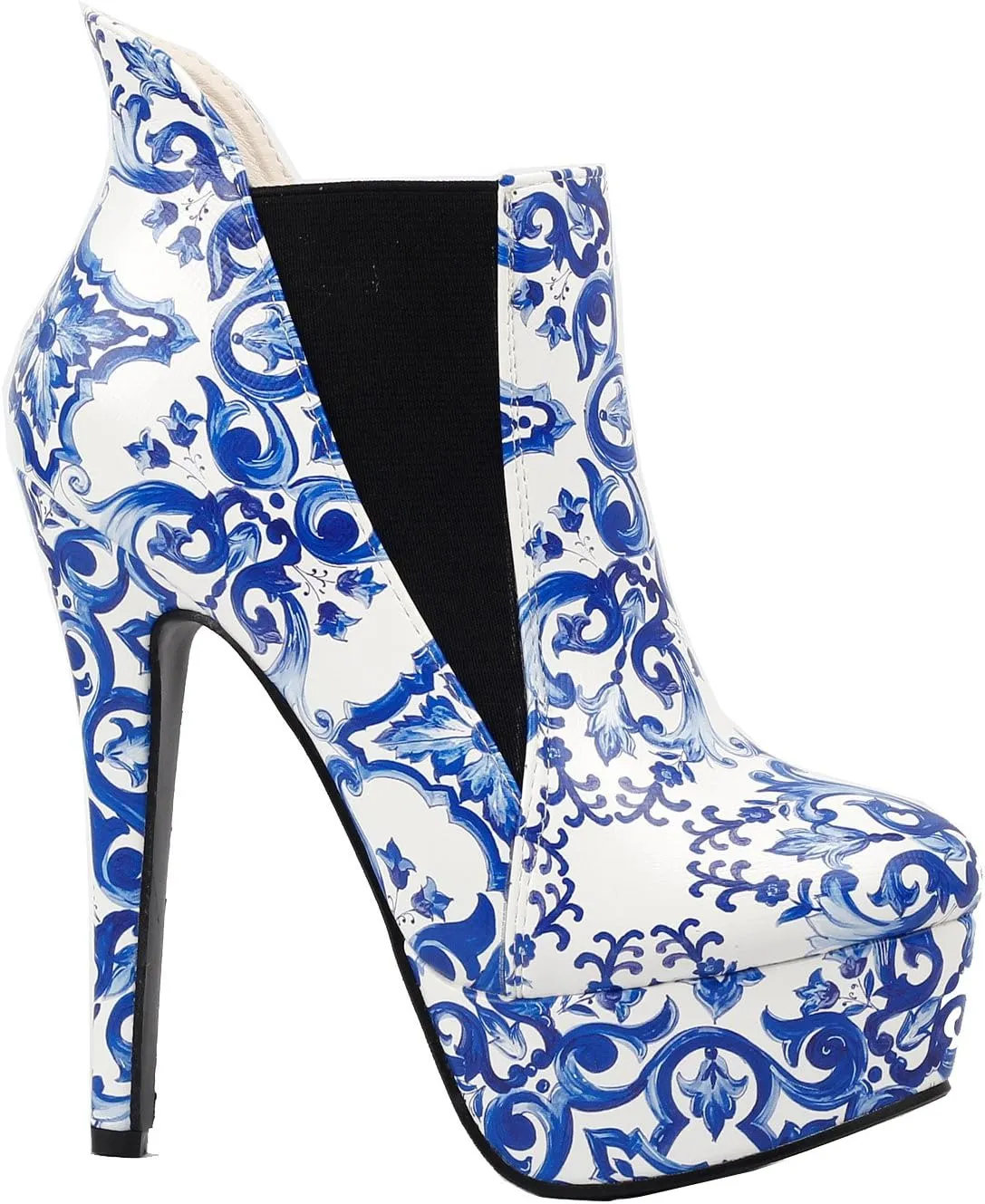 SHOW STORY Blue And White Porcelain Platform Stiletto Ankle Boot Bootie,LF80843