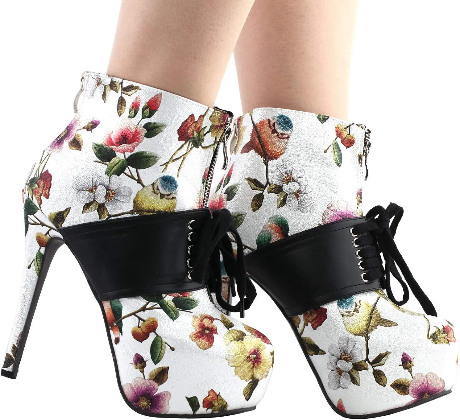 SHOW STORY Retro Black Red Two Tone Flower Print Lace-Up Zip Platform Stiletto Ankle Bootie Boot,LF80857