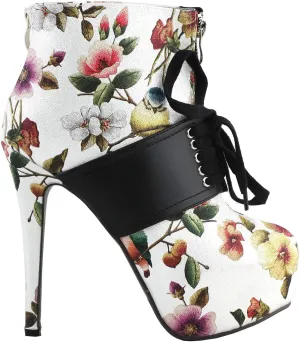 SHOW STORY Retro Black Red Two Tone Flower Print Lace-Up Zip Platform Stiletto Ankle Bootie Boot,LF80857