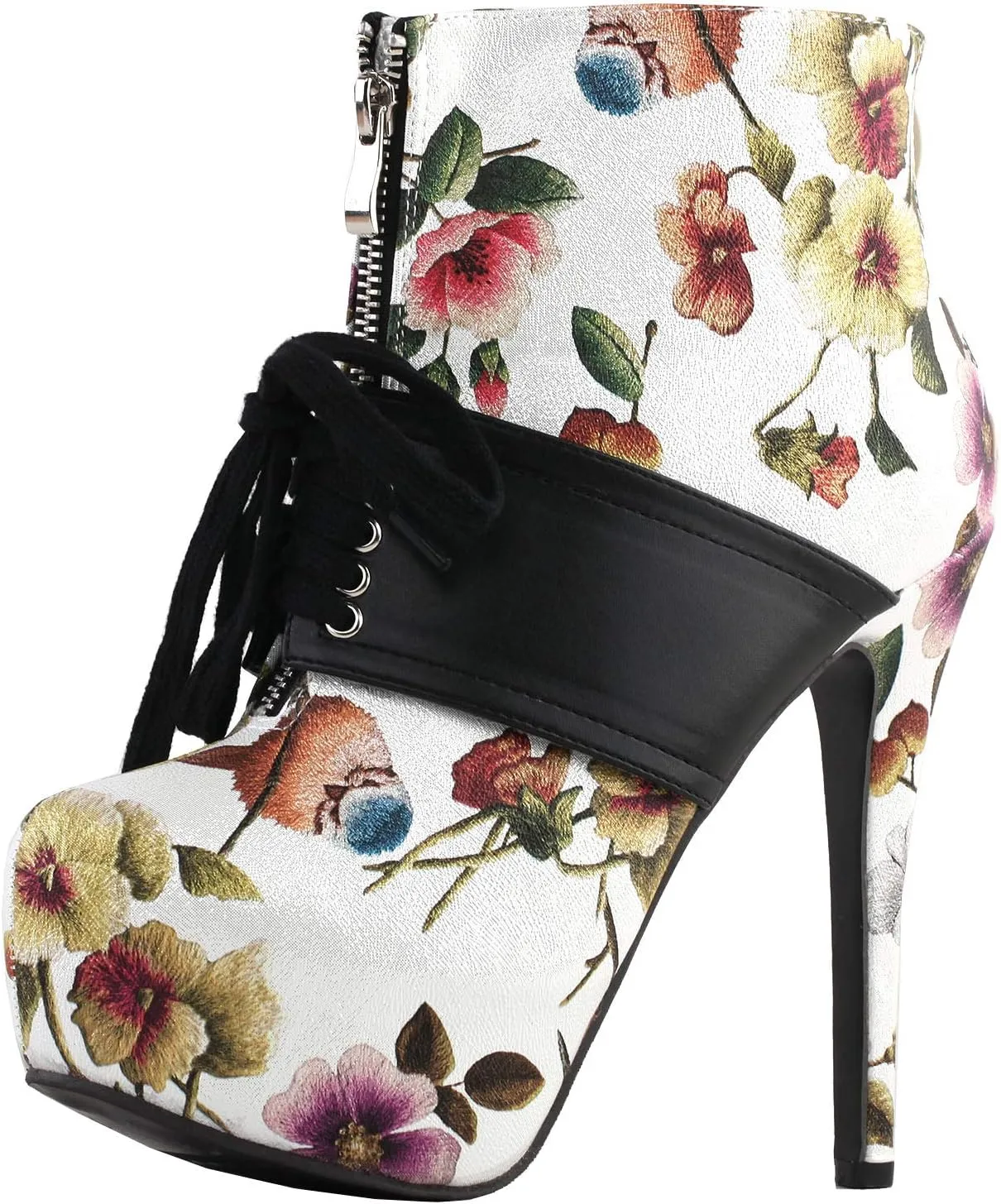 SHOW STORY Retro Black Red Two Tone Flower Print Lace-Up Zip Platform Stiletto Ankle Bootie Boot,LF80857