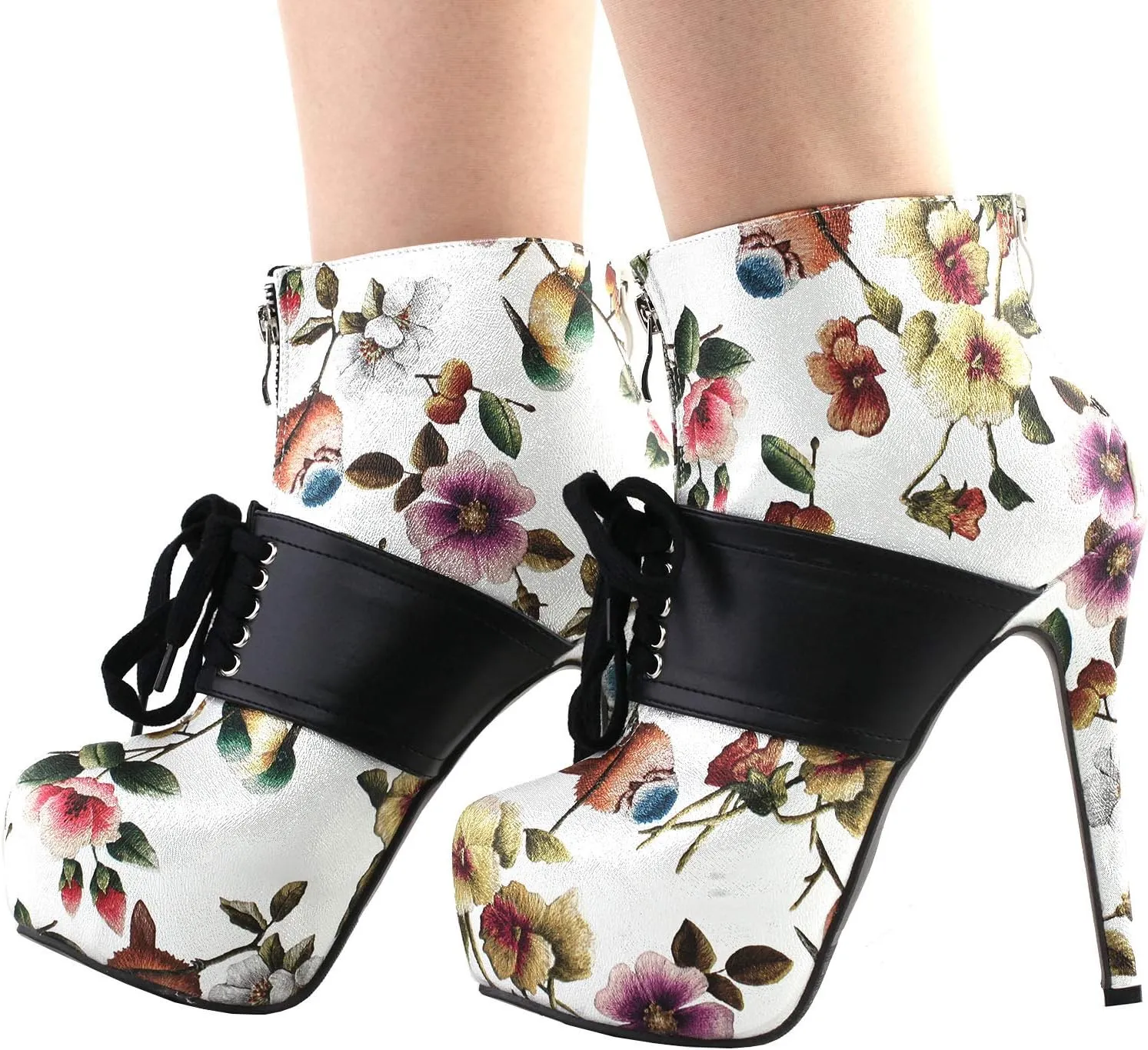 SHOW STORY Retro Black Red Two Tone Flower Print Lace-Up Zip Platform Stiletto Ankle Bootie Boot,LF80857