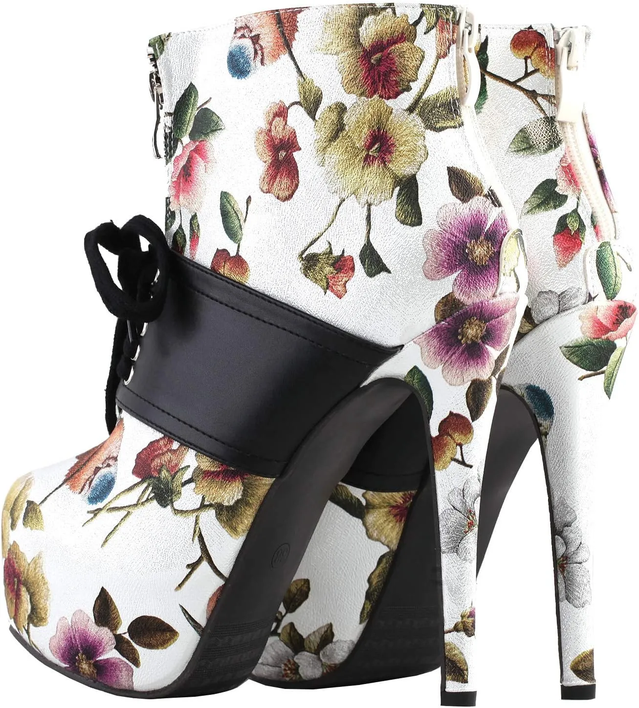 SHOW STORY Retro Black Red Two Tone Flower Print Lace-Up Zip Platform Stiletto Ankle Bootie Boot,LF80857