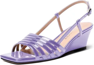 SHOWFOREST Women's Open Toe Slingback Outdoor Patent Casual Slip On Square Toe Wedge Low Heel Pumps Shoes 2 Inch