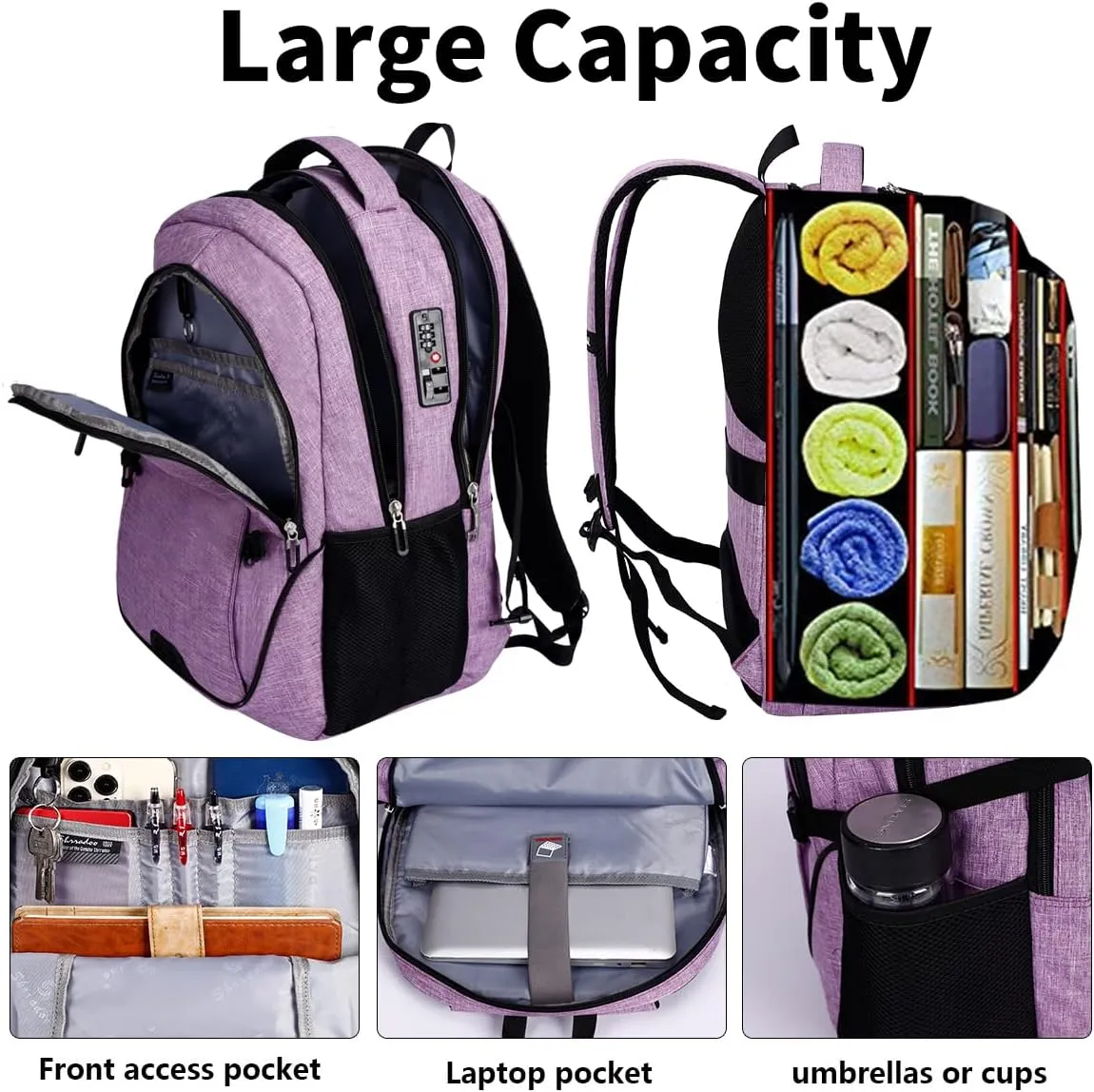 SHRRADOO Anti Theft Laptop Backpack Travel Backpacks with usb Charging Port for Women Men College Backpack Computer Bag Fits 17 Inch Laptop,Purple