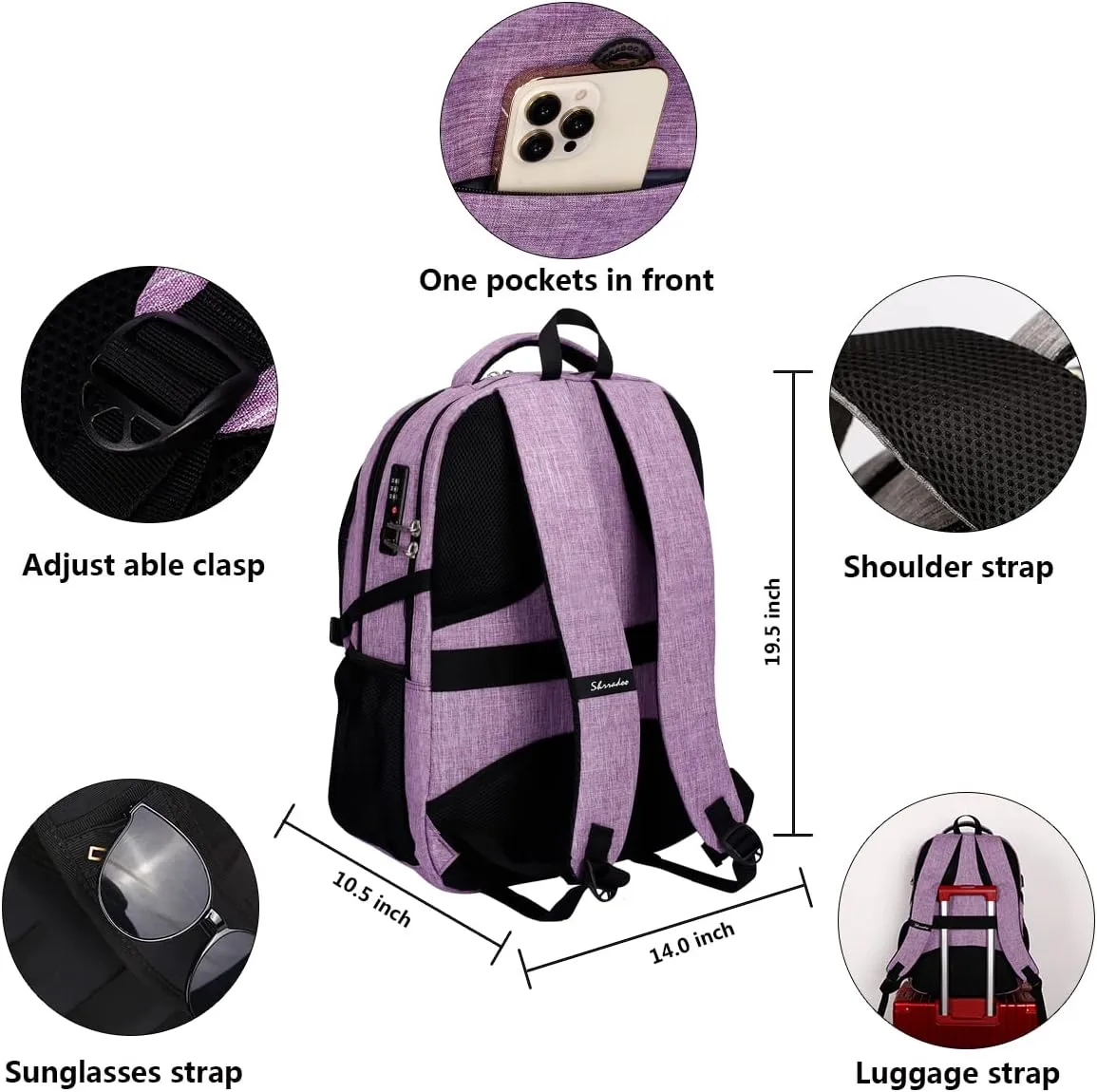 SHRRADOO Anti Theft Laptop Backpack Travel Backpacks with usb Charging Port for Women Men College Backpack Computer Bag Fits 17 Inch Laptop,Purple