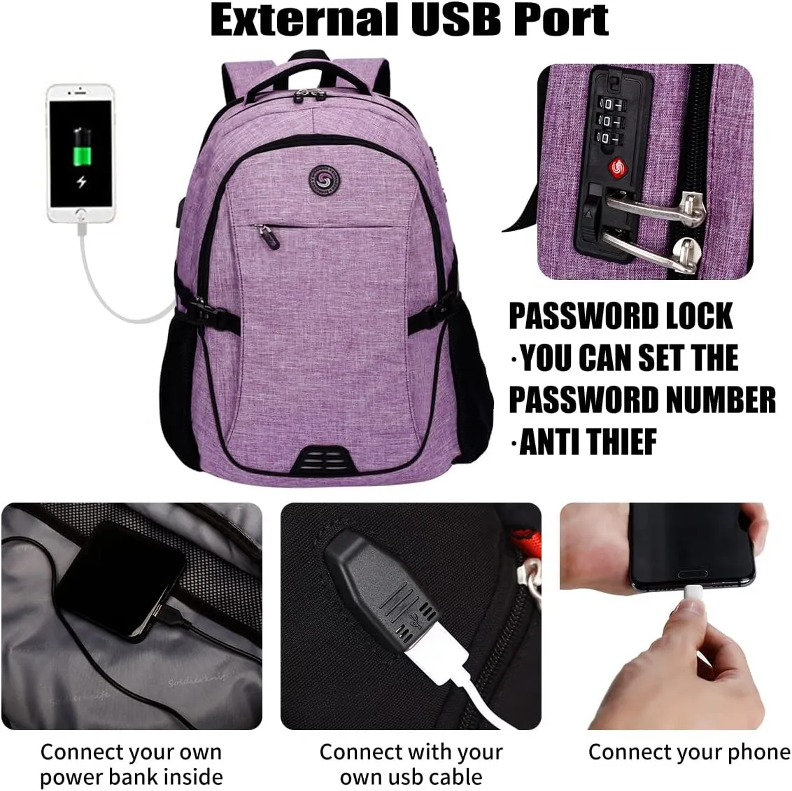 SHRRADOO Anti Theft Laptop Backpack Travel Backpacks with usb Charging Port for Women Men College Backpack Computer Bag Fits 17 Inch Laptop,Purple