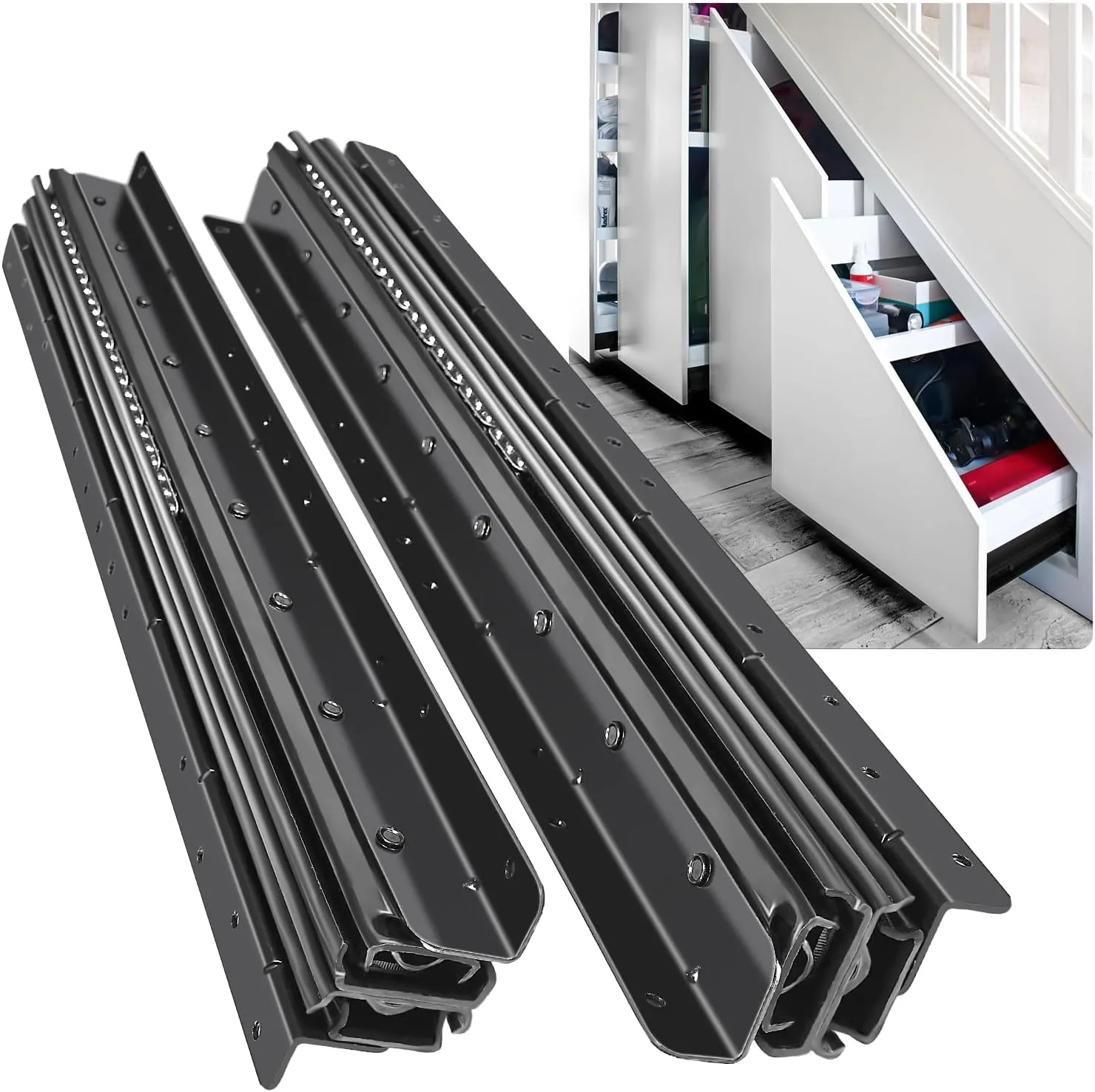 SHUHANG Undermount Heavy Duty Drawer Slides 16 24 32 40 Inch Mount Under 260lb Load Capacity Bottom Stair Cabinet Glides Concealed Pull Out Storage Pantry Closet Shelf(1 Pair, 24 Inch)