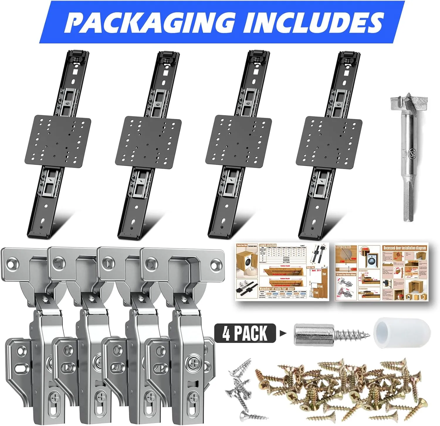 Sliding Hidden Door Track, Pocket Door Hardware, Smooth Gliding Pocket Door Slides with Hinges for Cabinet and Recessed Doors (22in, Set, 2)