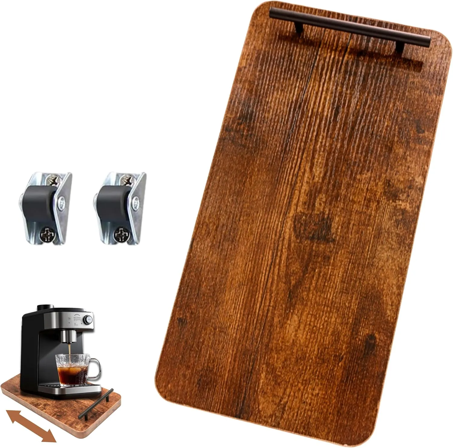 Sliding Tray For Coffee Maker, 15” x 7.5” Kitchen Appliance Sliding Tray with Handle, Rubber Rolling Wheels, Countertop Appliance Rolling Tray Slider for Small Appliance