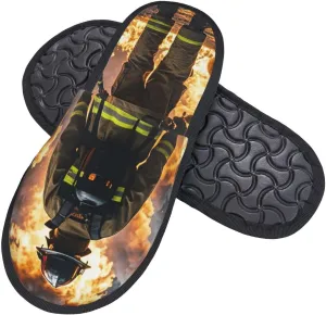 Slippers for Women Men Memory Foam Slippers Firefighter Fireman Flame House Slippers Winter Slides Indoor House Shoes