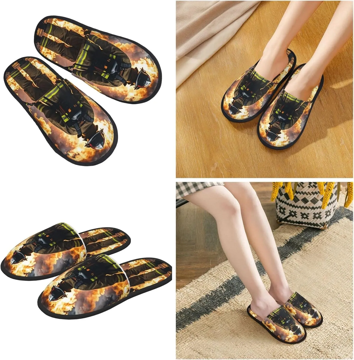 Slippers for Women Men Memory Foam Slippers Firefighter Fireman Flame House Slippers Winter Slides Indoor House Shoes