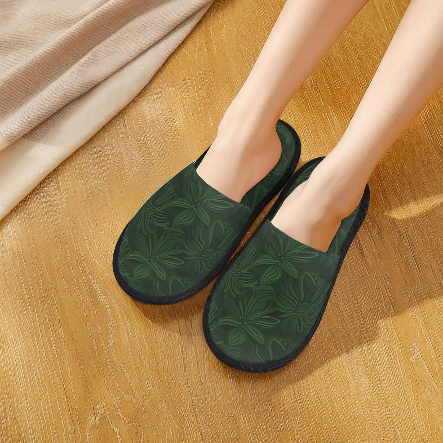 Slippers for Women Men Memory Foam Slippers Hunter Green Floral Petals Pattern House Slippers Winter Slides Indoor House Shoes
